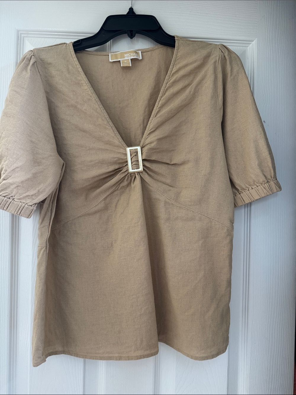 MICHAEL Michael Kors Beige V-Neck Top with Center Buckle